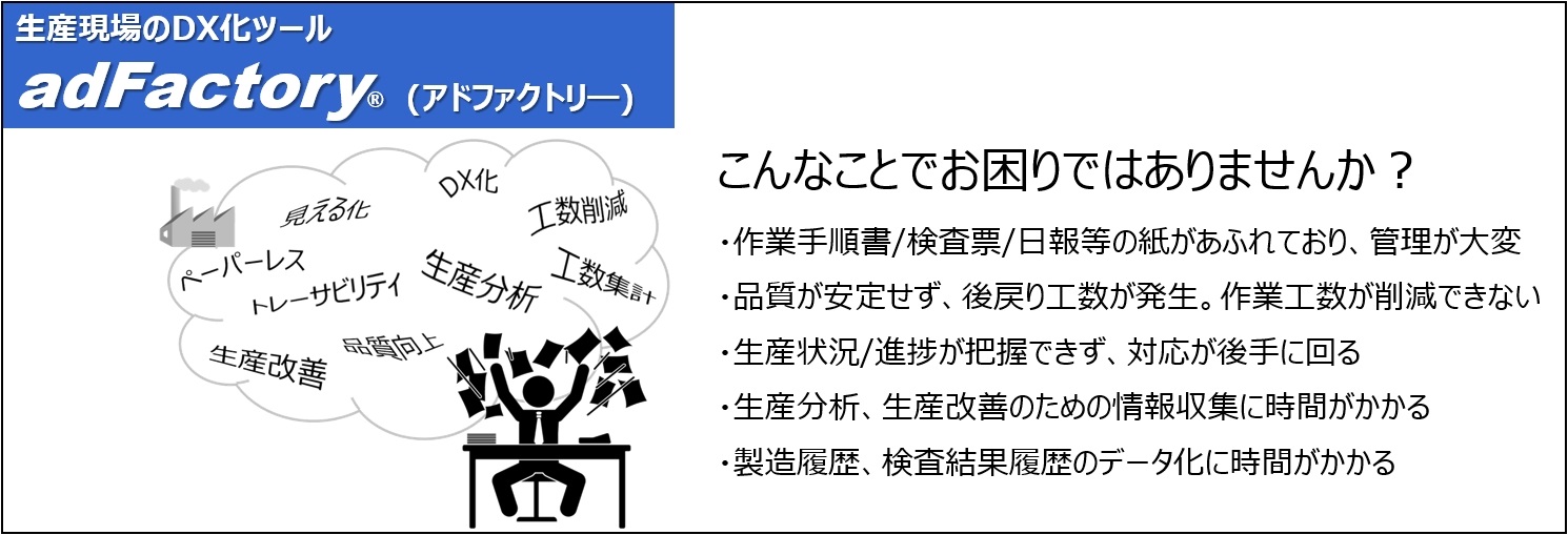 製造メーカー　生産現場　DX化　生産改善　見える化　ペーパーレス　生産分析　工数削減　工数集計　品質向上　トレーサビリティ